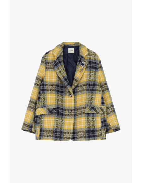 Blazer xadrez com bolsos de pala e broche decorativo Dixie