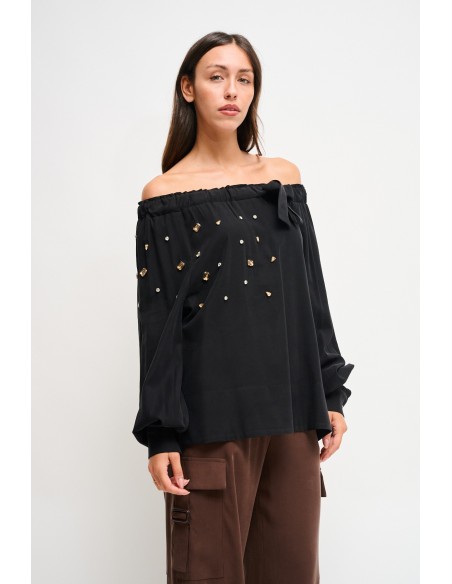 Top em viscose com decote barco e strass Maryley