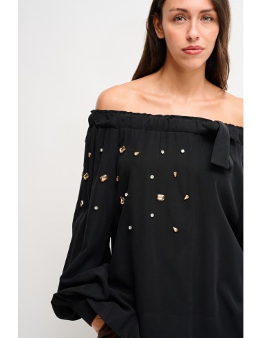 Top em viscose com decote barco e strass Maryley