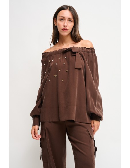 Top em Viscose com Decote Barco e Strass Maryley