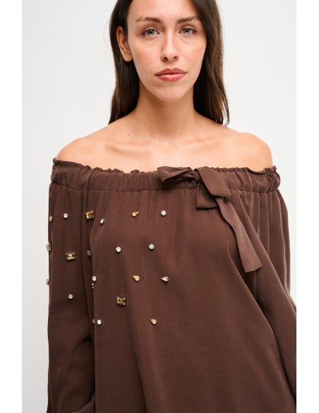 Top em viscose com decote barco e strass Maryley