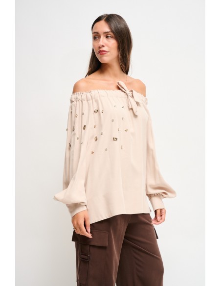 Top Em Viscose Com Decote Canoa E Strass Maryley