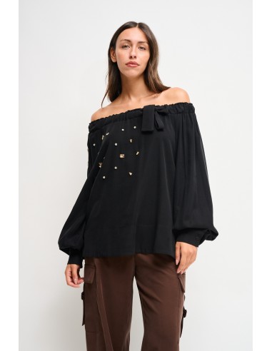 Top Em Viscose Com Decote Canoa E Strass Maryley