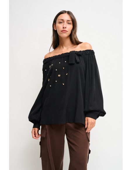 Top Em Viscose Com Decote Canoa E Strass Maryley