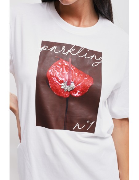 T-shirt em algodão com estampa e strass Maryley