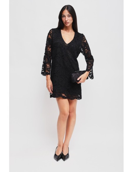 Vestido Curto de Manga Comprida em Renda Maryley