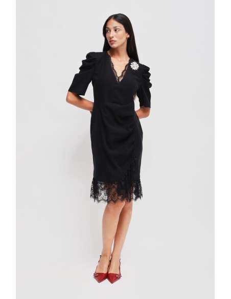Vestido Curto Drapeado Com Detalhe Em Renda Maryley