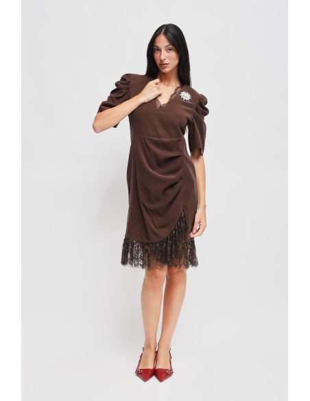 Vestido Curto Drapeado Com Detalhe Em Renda Maryley