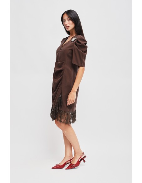 Vestido Curto Drapeado Com Pormenor Em Renda Maryley