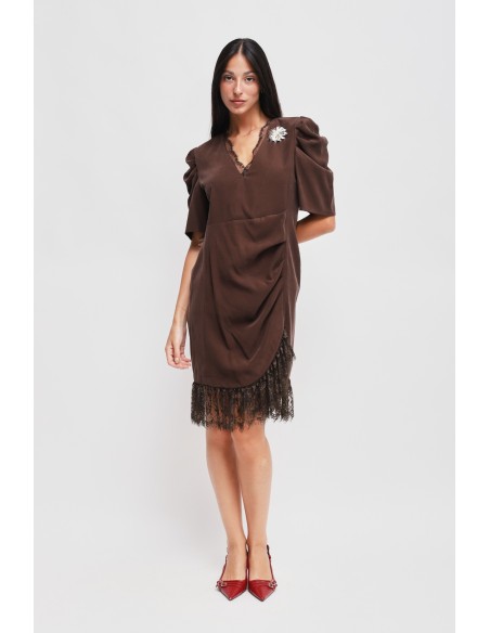 Vestido Curto Drapeado Com Detalhe Em Renda Maryley