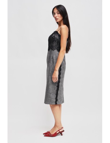 Tubinho em príncipe de Gales com micro-lantejoulas e renda Maryley