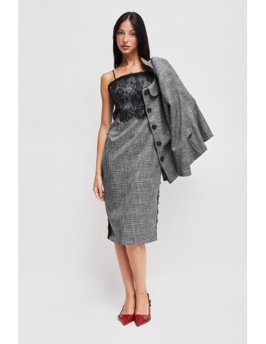 Vestido Tubinho em Príncipe de Gales com Micro Lantejoulas e Renda Maryley