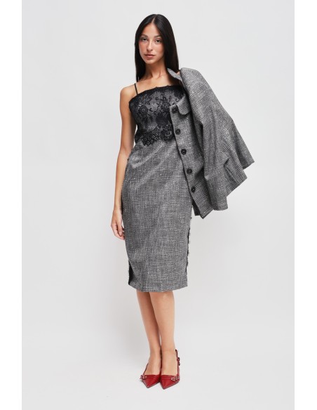 Vestido Tubinho em Príncipe de Gales com Micro Lantejoulas e Renda Maryley