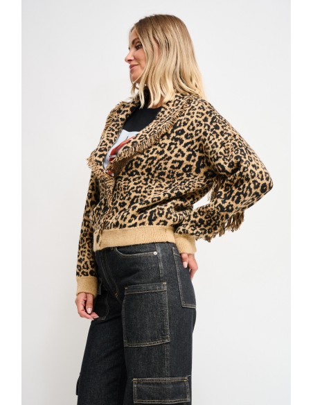 Cardigan com padrão de leopardo e franjas Maryley