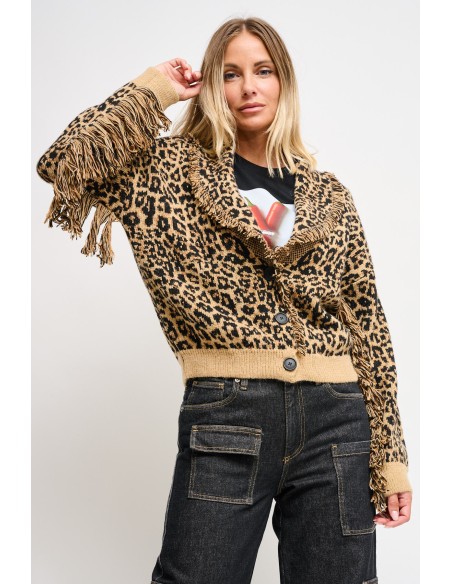 Cardigan com padrão de leopardo e franjas Maryley