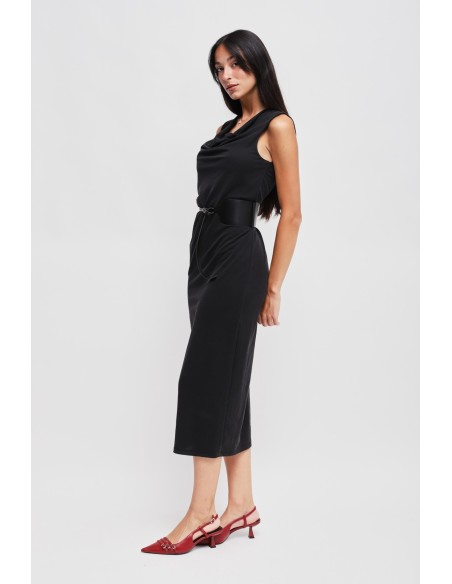 Vestido Tubinho Com Decote Drapeado E Cinto Maryley