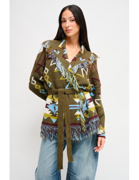 Cardigan Estampado com Franjas e Cinto Maryley