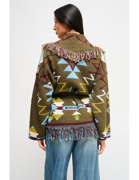 Cardigan estampado com franjas e cinto Maryley