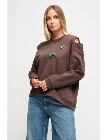 Sweatshirt com Recortes nos Ombros e Broches de Jóia Maryley