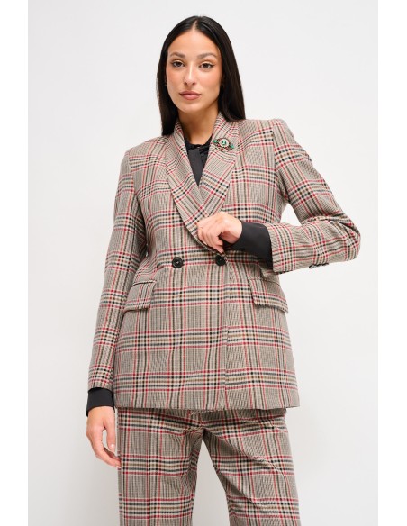 Blazer xadrez cruzado com broche Maryley