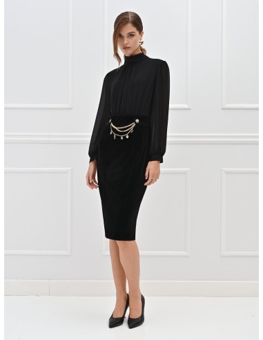 Vestido com efeito 2 peças Top em georgette e saia em veludo com correntes e pendentes Rinascimento