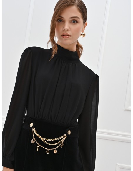 Vestido Efeito 2 Peças Top em Georgette e Saia em Veludo com Correntes e Pendentes Rinascimento