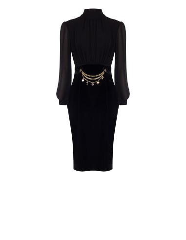Vestido efeito 2 peças top em georgette e saia em veludo com correntes e pendentes Rinascimento