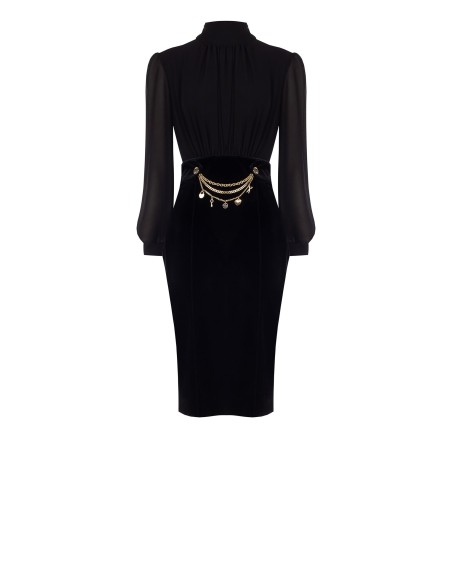 Vestido efeito 2 peças top em georgette e saia em veludo com correntes e pendentes Rinascimento