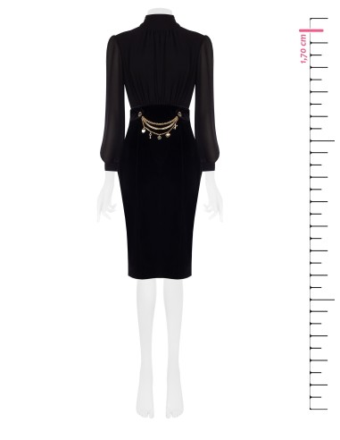 Vestido Efeito 2 Peças Top Em Georgette E Saia Em Veludo Com Correntes E Pendentes Rinascimento
