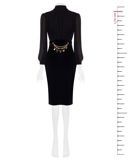 Vestido Efeito 2 Peças Top Em Georgette E Saia Em Veludo Com Correntes E Pendentes Rinascimento