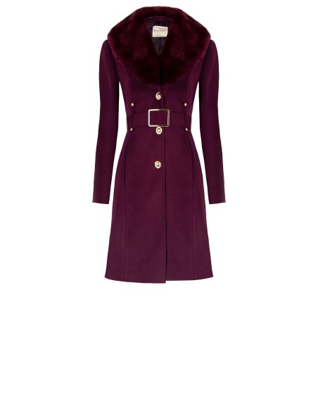Casaco longo cintado em veludo com gola em pelo sintético removível e cinto em pele sintética Rinascimento