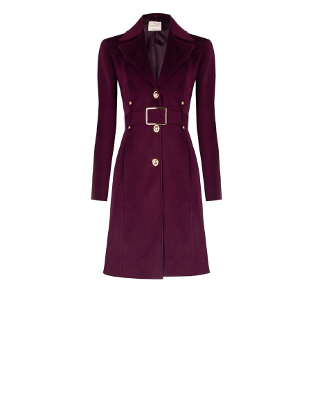 Casaco comprido cintado em veludo com gola em pele sintética removível e cinto em pele sintética Rinascimento