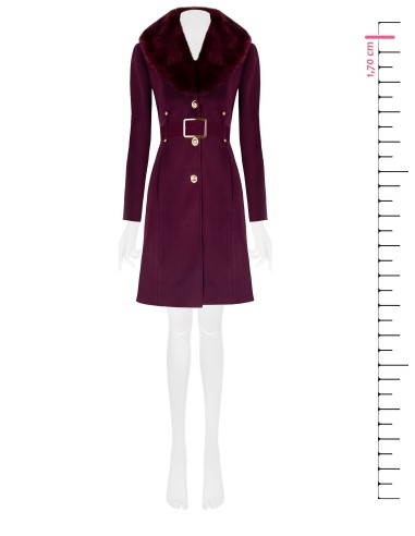 Casaco longo acinturado em veludo com gola em pelo sintético removível e cinto em pele sintética Rinascimento