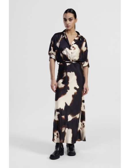 Vestido Longo Estampado com Cinto e Gola Dixie