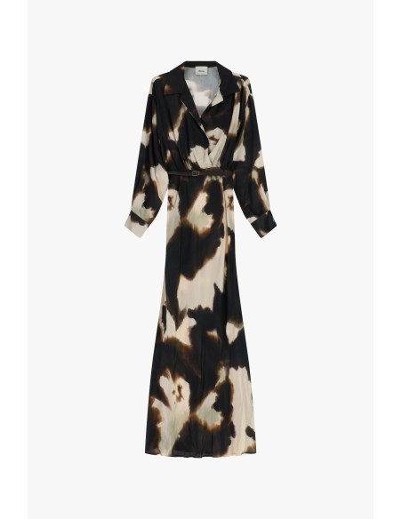 Vestido Longo Estampado com Cinto e Gola Dixie