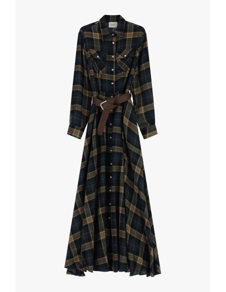 Vestido Longo Xadrez com Cinto e Bolsos Dixie