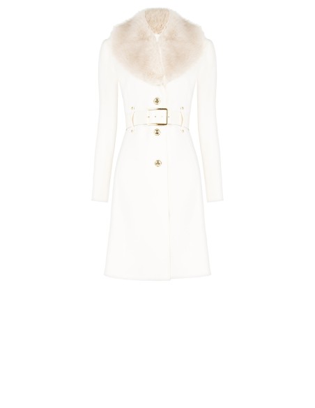 Casaco longo cintado em veludo com gola em pele sintética removível e cinto em pele sintética Rinascimento