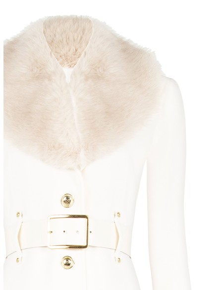 Casaco longo acinturado em veludo com gola em pelo sintético removível e cinto em pele sintética Rinascimento