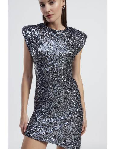 Vestido Curto Assimétrico com Lantejoulas e Ombros Estruturados Dixie