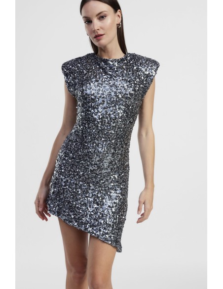 Vestido Curto Assimétrico com Lantejoulas e Ombros Estruturados Dixie
