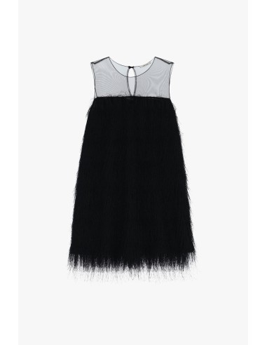 Vestido Curto com Inserto Transparente e Franjas Dixie