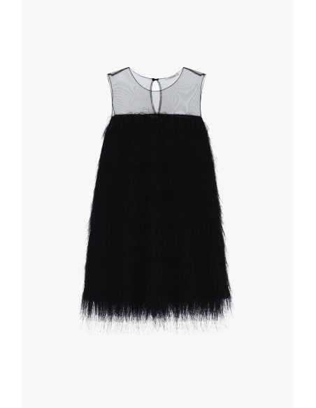 Vestido Curto com Inserto Transparente e Franjas Dixie