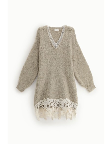 Vestido Curto com Renda e Mangas Compridas Dixie