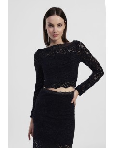 Top de mangas compridas em renda com decote amplo Dixie