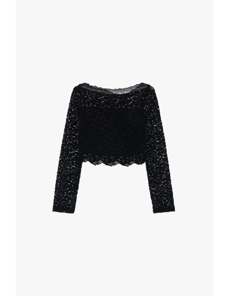 Top de mangas compridas em renda com decote amplo Dixie