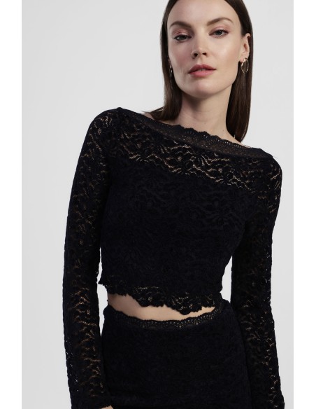 Top de Mangas Compridas em Renda com Decote Amplo Dixie