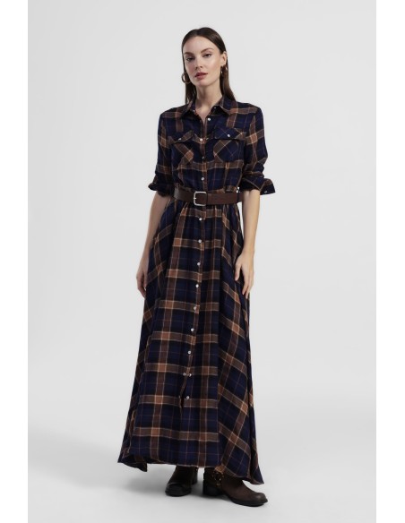 Vestido longo xadrez com cinto e bolsos Dixie