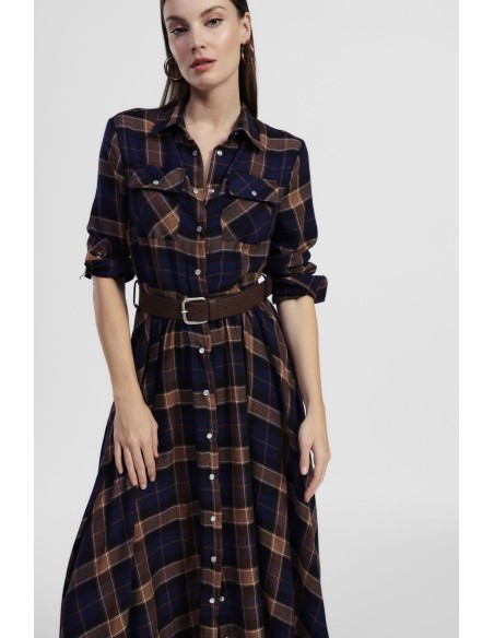 Vestido Longo Xadrez com Cinto e Bolsos Dixie