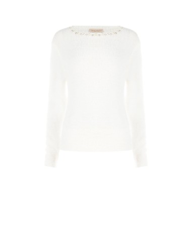 Camisola Fluffy com Pérolas e Strass no Decote Redondo Rinascimento