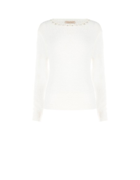 Camisola Fluffy com Pérolas e Strass no Decote Redondo Rinascimento